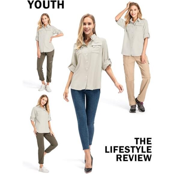 Women's UPF 50+ UV Sun Protection Safari Shirt, Long Sleeve Outdoor Cool Quick - Picture 6 of 7